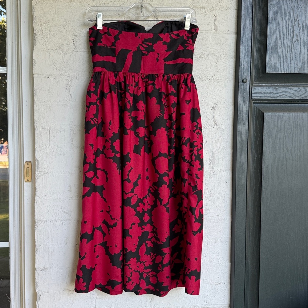 Anthropologie Tibi Sweetheart Neck Red/Black Floral Strapless Midi Dress Size 4 - Picture 8 of 14